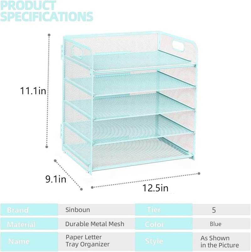 Sinboun Letter Tray Paper Organizer 5-Tier Desk Organizer File Organizer Paper Holder with Handle, Metal Desktop Document Shelf Tray Office Classroom Organization - Blue - Image 2
